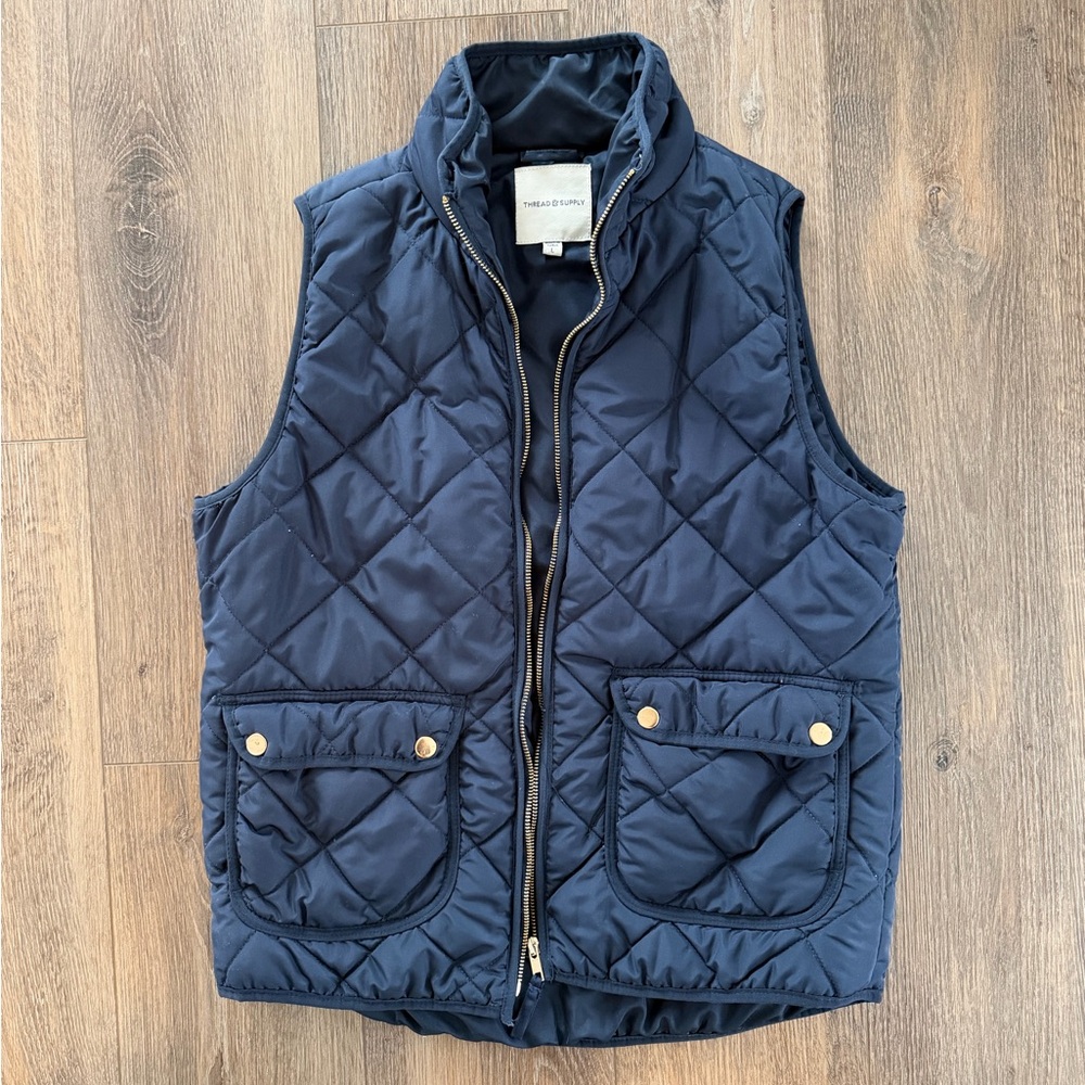 Thread & Supply Quilted Navy Vest – Size L – Gold Hardware